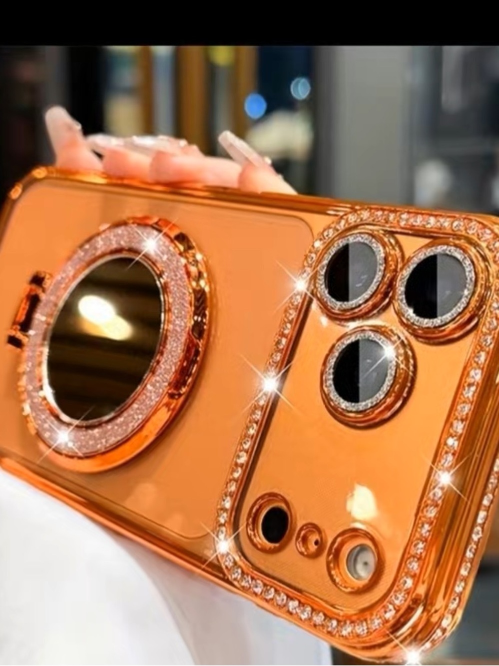 Luxury Orange Bling Phone Case with Mirror Ring - Unbranded